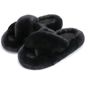 New Chantomoo Womens Size 8 Black Furry Memory Foam Open Toe Slide On Slippers